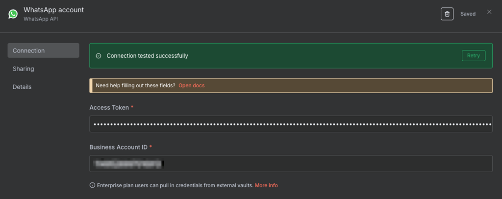A janela de criação de credenciais da API do WhatsApp com uma mensagem confirmando uma integração bem-sucedida.