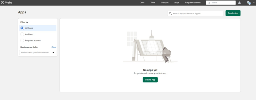 A tela de boas-vindas da página de desenvolvedores da Meta