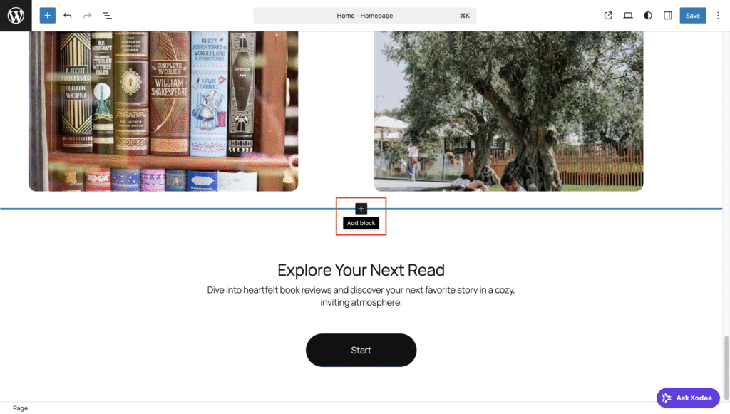 O botão Adicionar bloco no Editor de Site do WordPress
