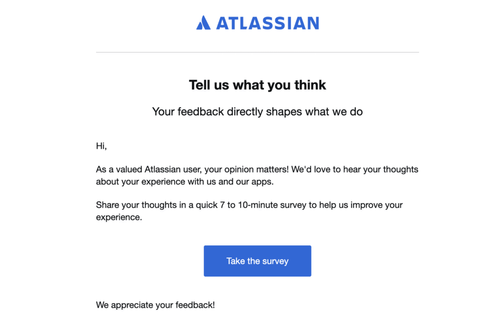 Newsletter por e-mail da Atlassian com um botão de chamada para ação (CTA).