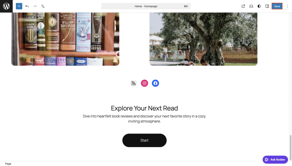 Botão Salvar no Editor de Site do WordPress