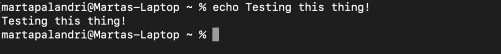 Basta adicionar uma string após o comando echo para exibi-la no seu terminal.