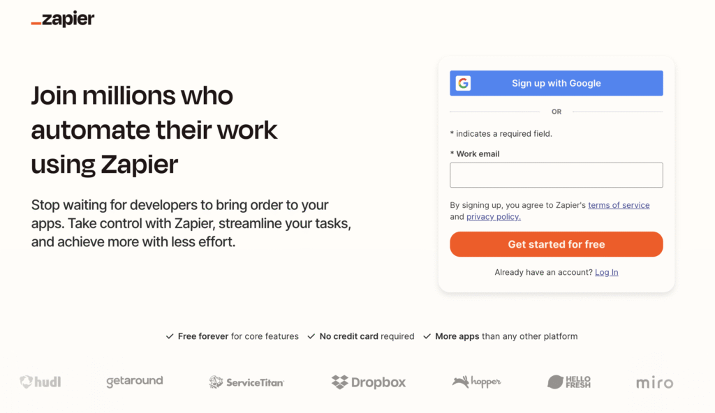 Imagem promocional do Zapier destacando os benefícios da automação, com opções de inscrição e logotipos dos aplicativos exibidos na parte inferior.