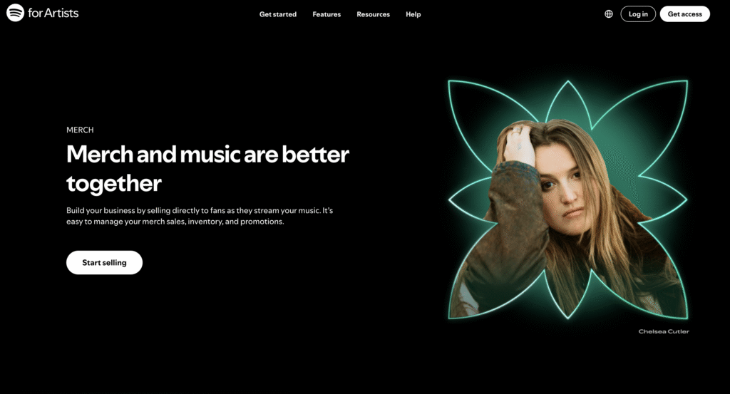 Imagem promocional do Spotify for Artists que destaca a integração de produtos licenciados e música, com um elemento de design estilizado e luminoso.