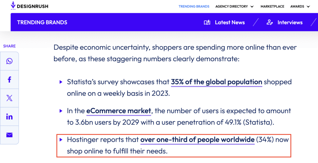 Artigo da DesignRush citando as estatísticas originais de comércio eletrônico da Hostinger.
