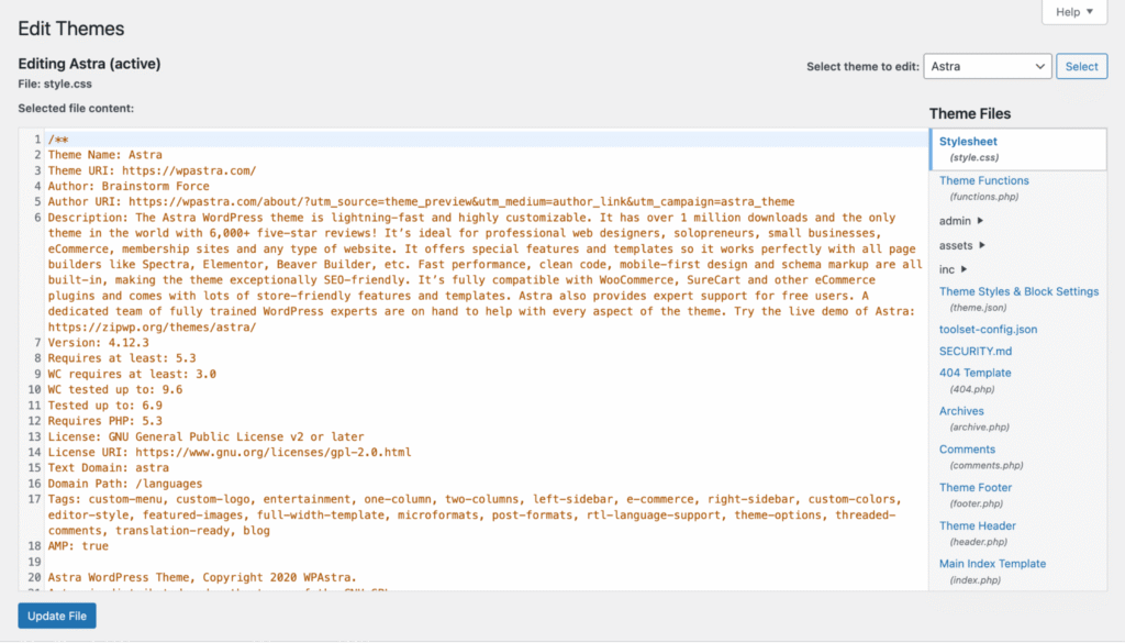editor-de-arquivos-de-tema-do-wordpress-style-css-com-barra-lateral Editor de Arquivos de Temas do WordPress exibindo o style.css de um tema e a barra lateral de arquivos editáveis