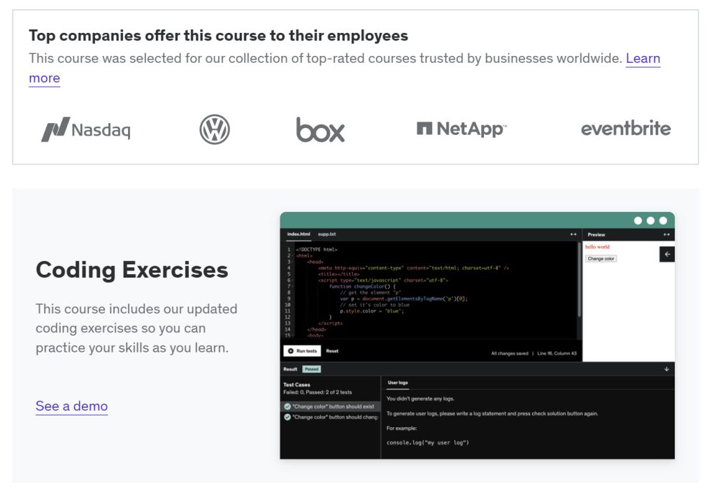 Página do curso de exercícios de programação da Udemy