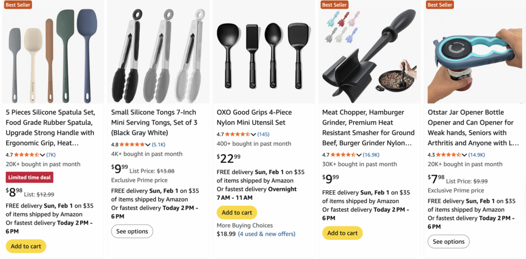 Resultados de pesquisa da Amazon mostrando ferramentas de cozinha populares