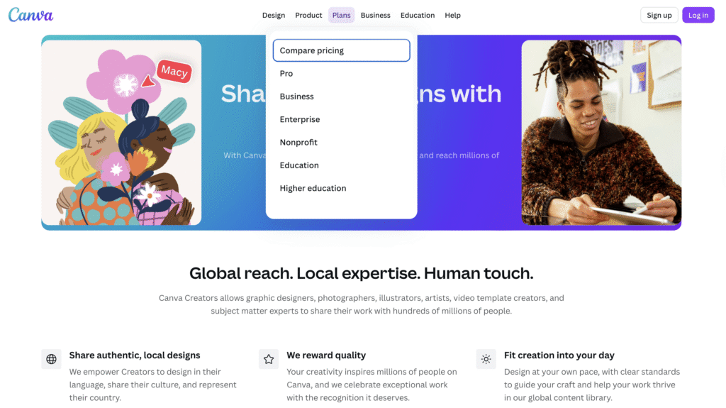Duas mulheres ilustradas se abraçam, rodeadas de flores, em uma página da Canva que promove serviços e projetos de design.