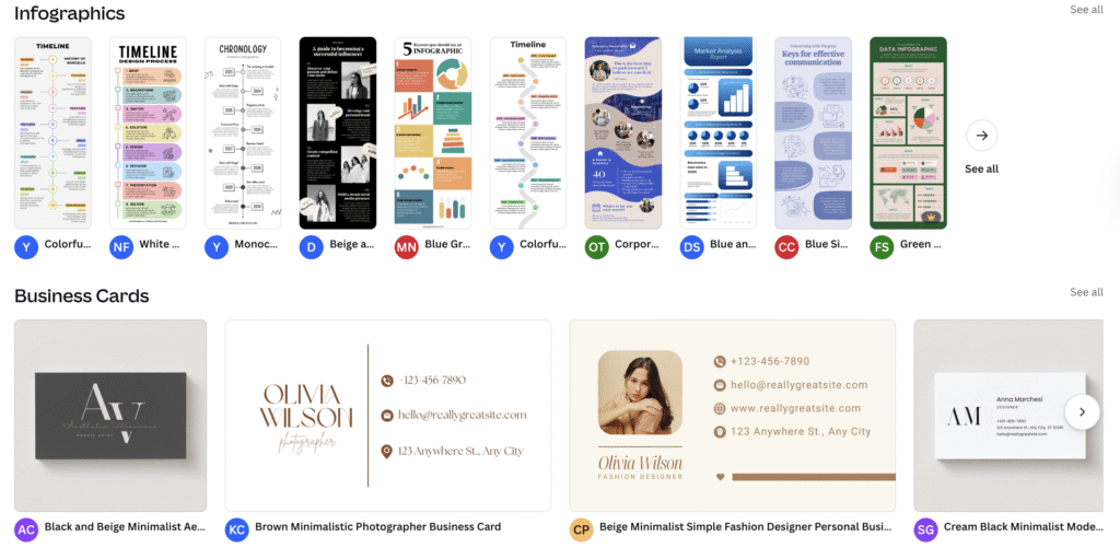 Uma coleção de infográficos e cartões de visita, apresentando diversos designs em estilos coloridos, minimalistas e profissionais.