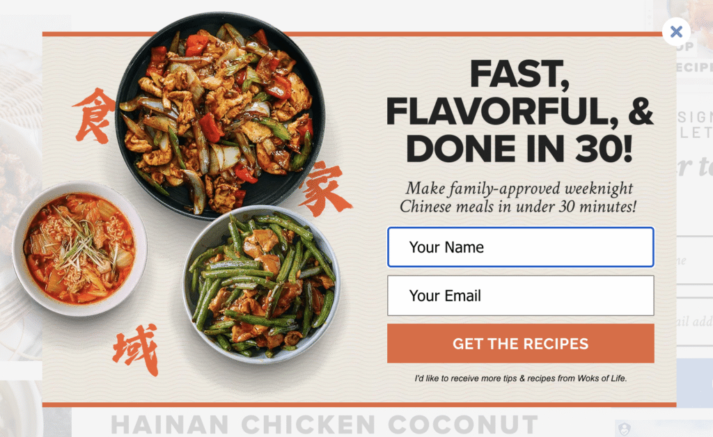 Pop-up de geração de leads da Woks of Life