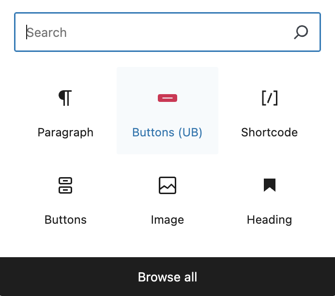 O bloco de botões do Ultimate Blocks no navegador de blocos do Gutenberg do WordPress.