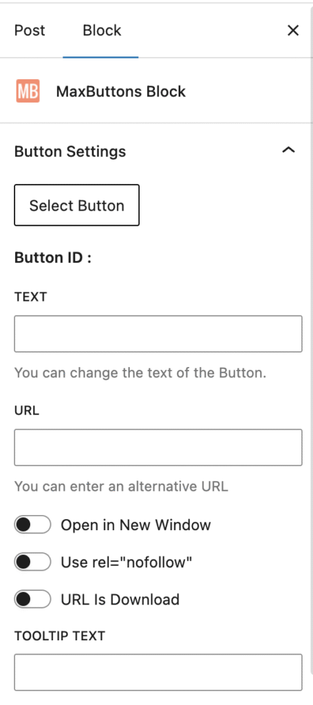 Painel de configuração do bloco MaxButtons