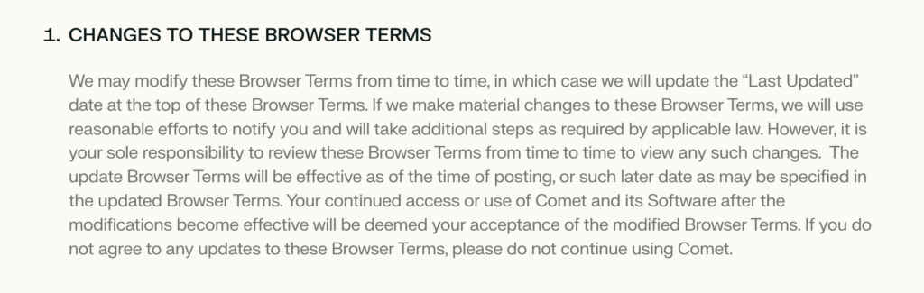 O primeiro ponto dos termos do navegador Comet