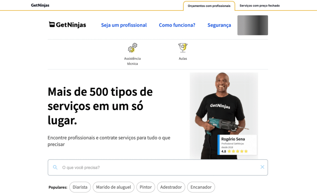 Página inicial do Getninjas exibindo vários serviços domésticos como diarista, pintor e encanador.