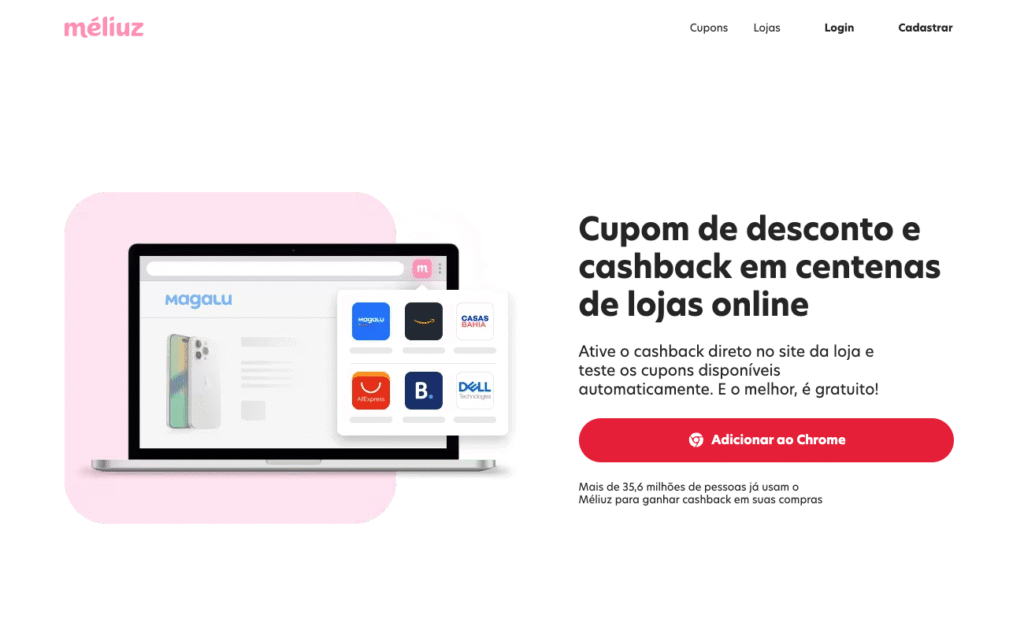 Página inicial do Méliuz oferecendo cupons de desconto e cashback.