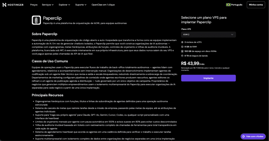 Melhores hospedagens para paperclip: página do VPS para Paperclip da Hostinger