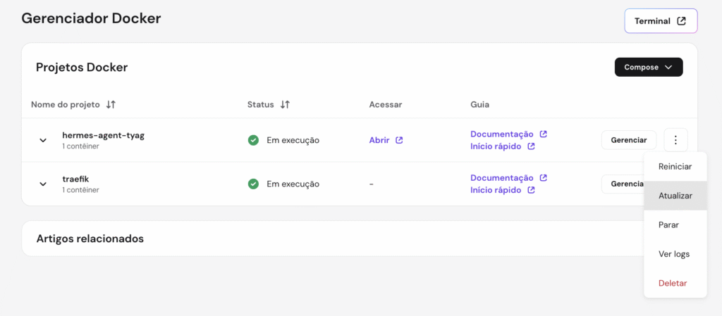 Configurar Hermes Agent: Tela de atualização automatica da Hostinger