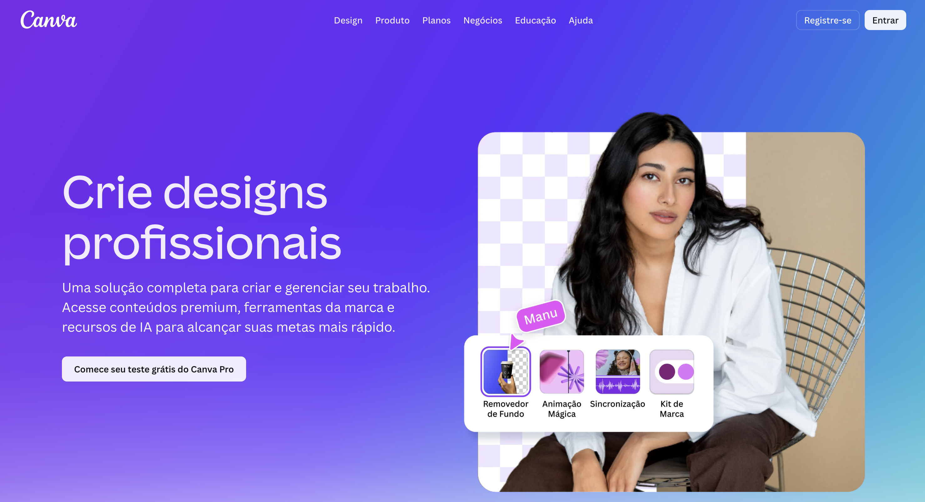 Site para começar seu teste grátis com uma imagem de uma mulher, bem trabalhada, altamente profissional e maqueada.