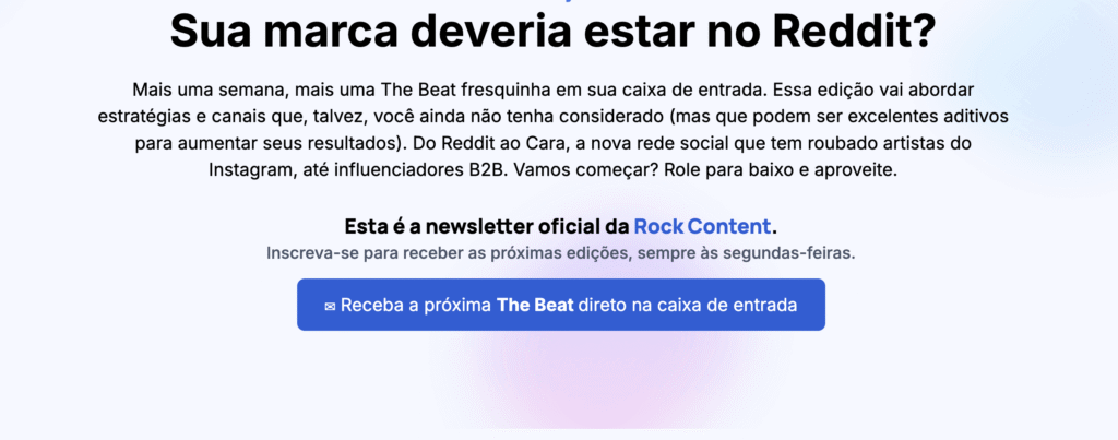 Página com foco no CTA para receber a newsletter da Rock Content