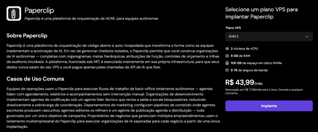 Página do Paperclip VPS, com todos os detalhes, recursos e preço do produto