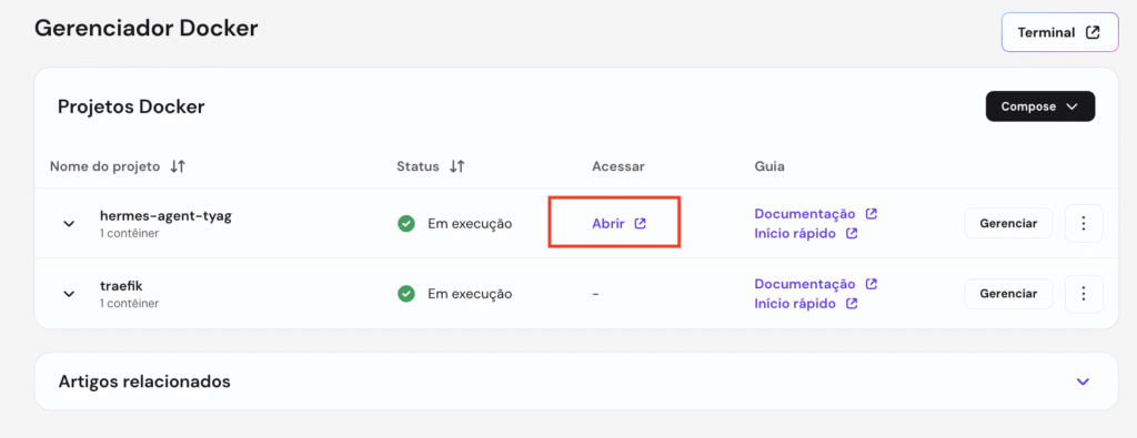 como configurar o hermes agent: Painel Hostinger de acesso e configuração.