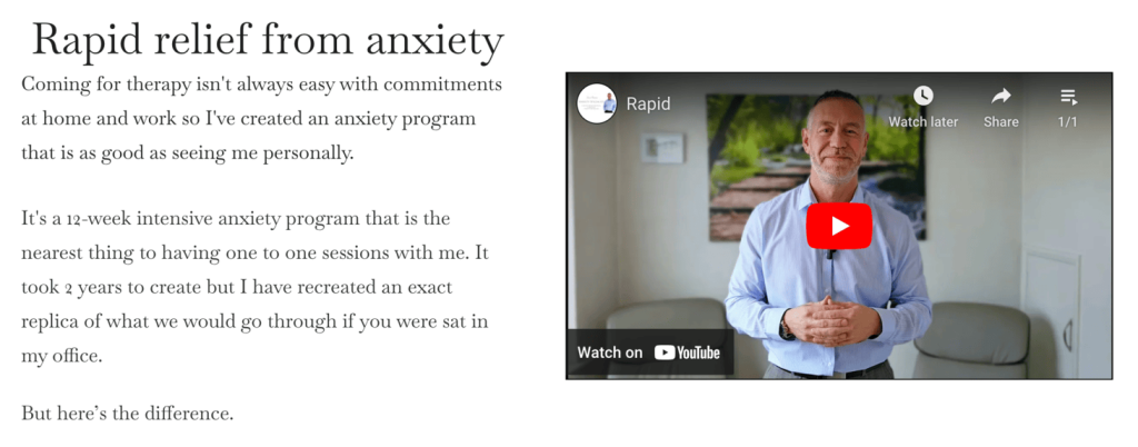 Página do produto Anxiety Breakthrough, mostrando detalhes e vídeo explicativo.