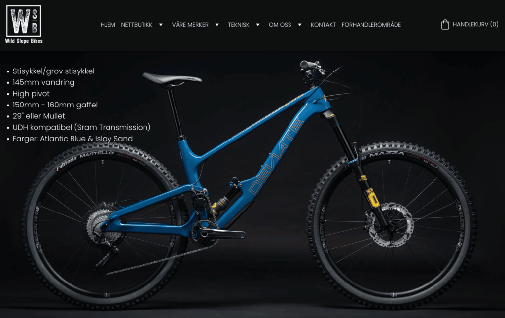 Design de página de produto: Página de produto da Wild Slope Bikes, mostrando uma de suas bicicletas.