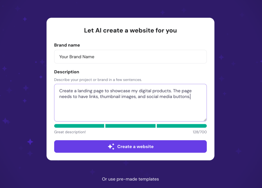 Caixa de prompt do construtor de sites AI da Hostinger