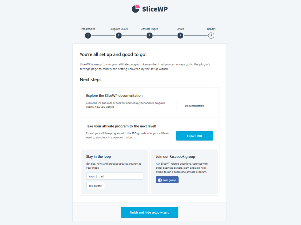 A página de conclusão do assistente de configuração inicial do SliceWP