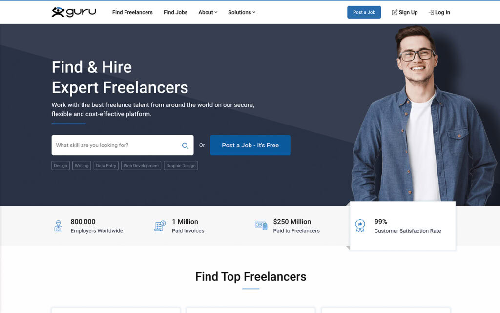 Página inicial do Guru com opções de busca para contratar freelancers em várias áreas, como design e redação.