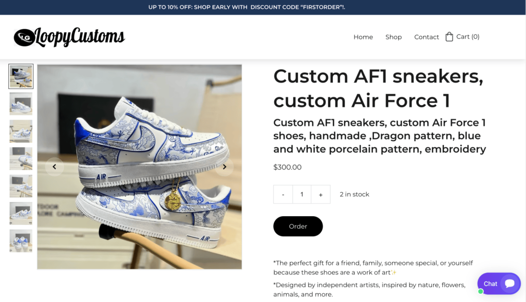 Página do produto da LoopyCustoms, mostrando tênis Air Force 1 personalizados.