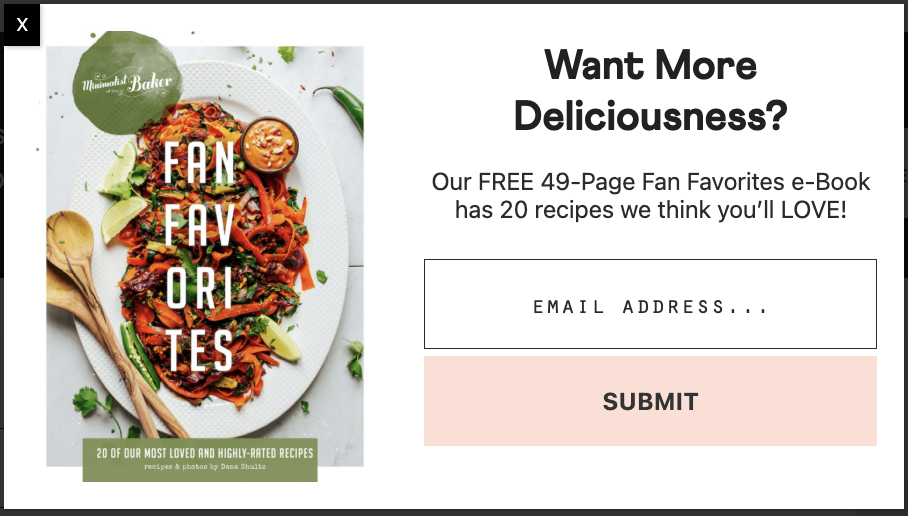 Pop-up de geração de leads do Minimalist Baker