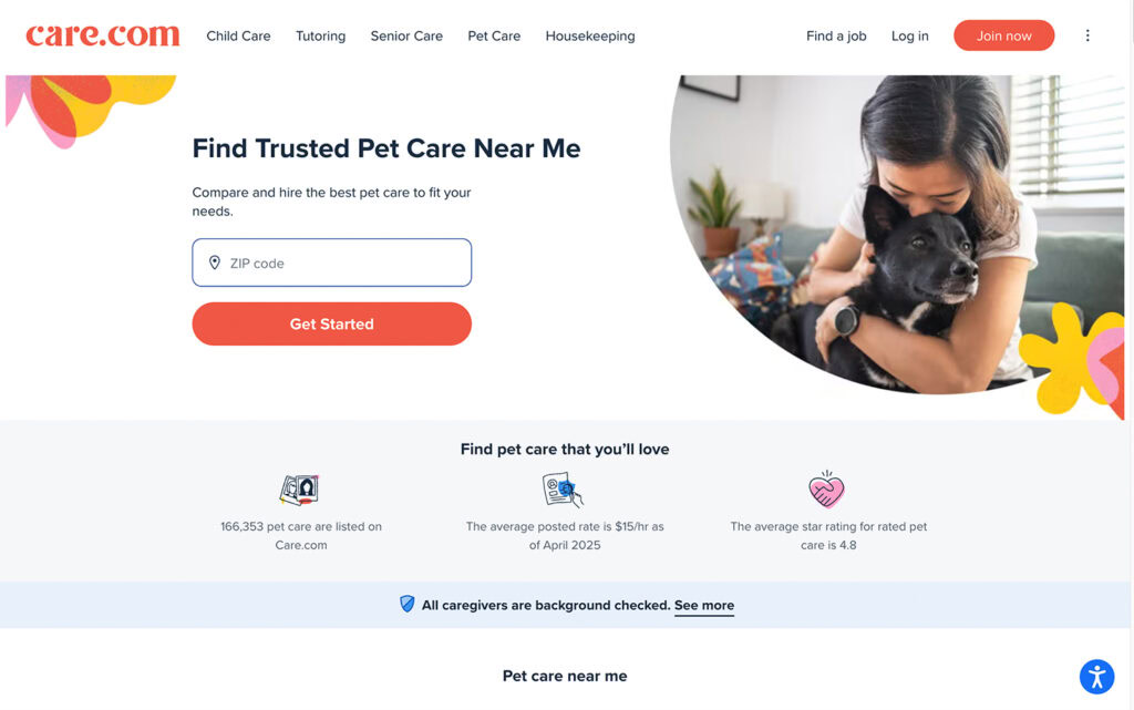 Página inicial do Care.com com uma barra de pesquisa para encontrar serviços de cuidados com animais perto de você.