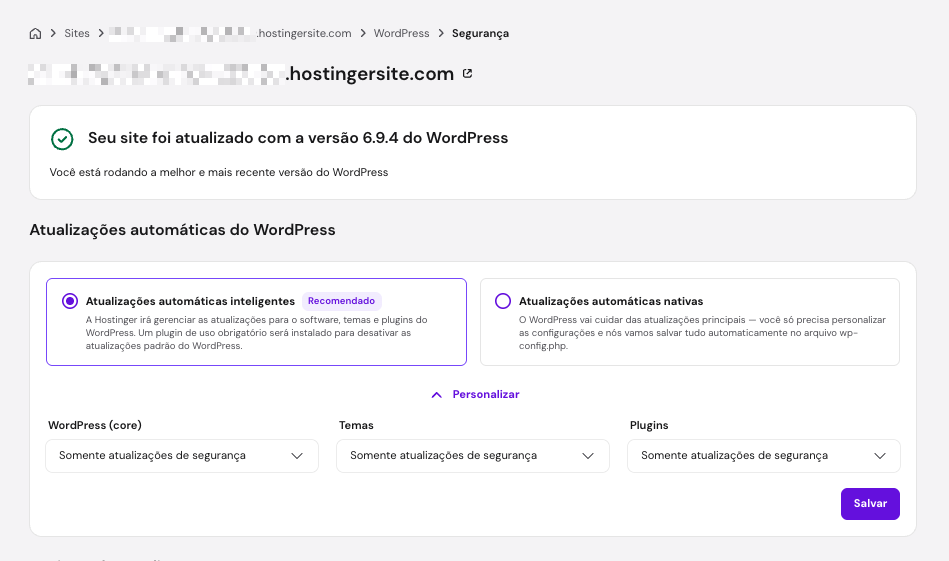 O recurso de atualizações automáticas do WordPress no hPanel da Hostinger