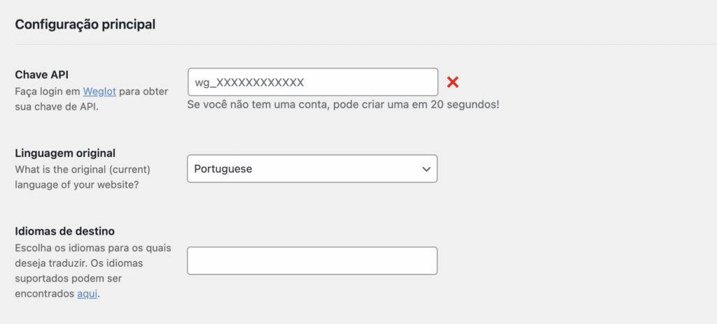 A página de configuração inicial do Weglot no painel do WordPress