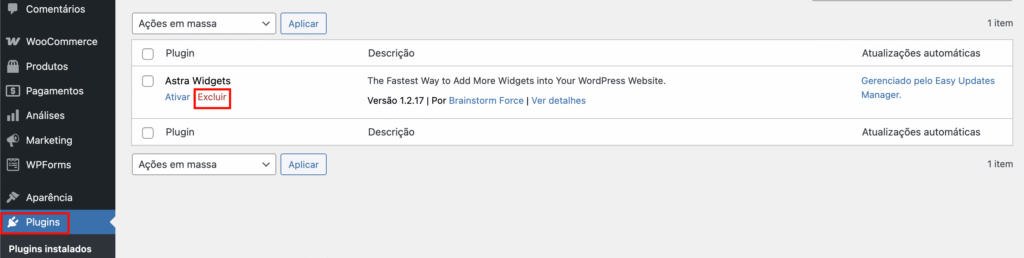 Painel do WordPress exibindo a seção de Plugins com a opção de excluir um plugin inativo.