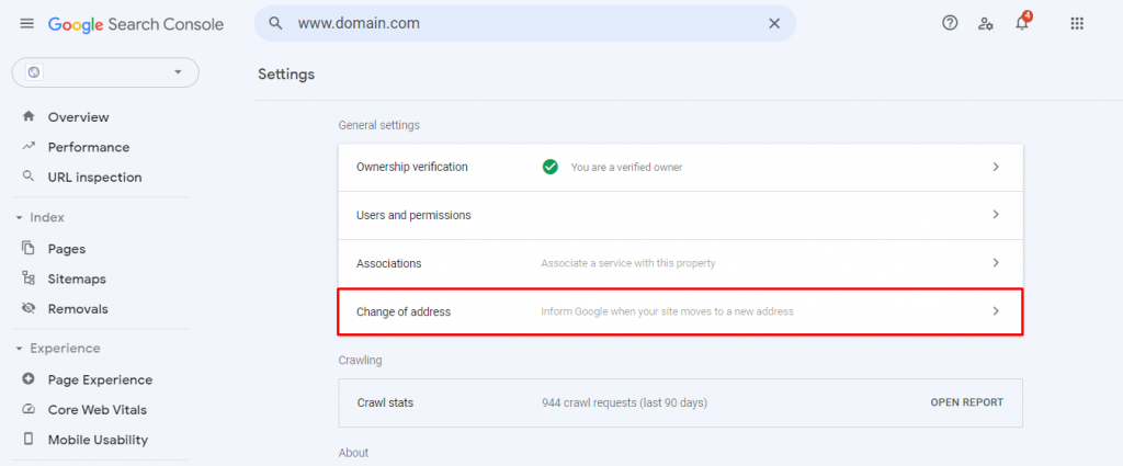 A ferramenta de mudança de endereço no Google Search Console.