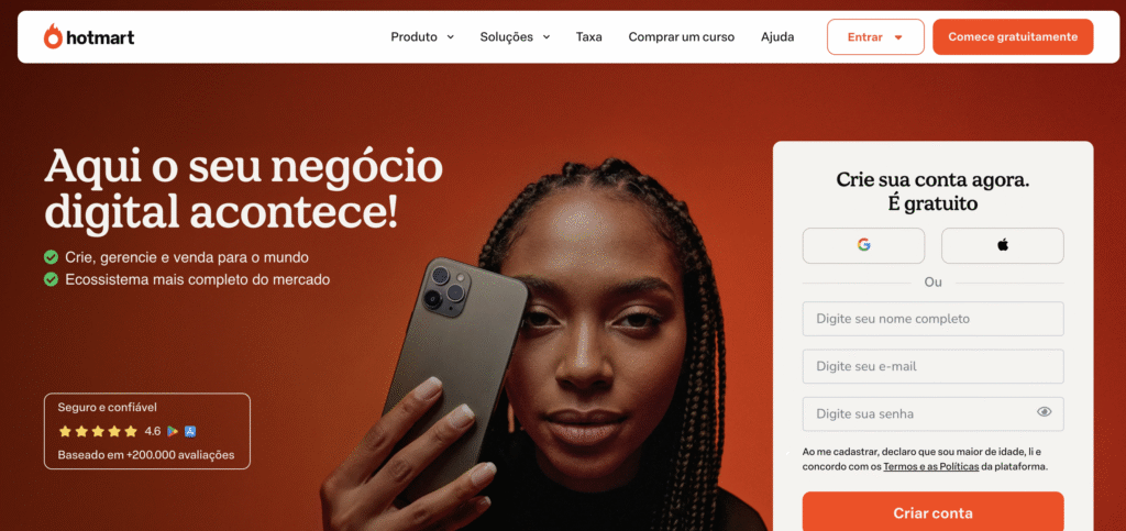 Página inicial da hotmart com produtos digitais