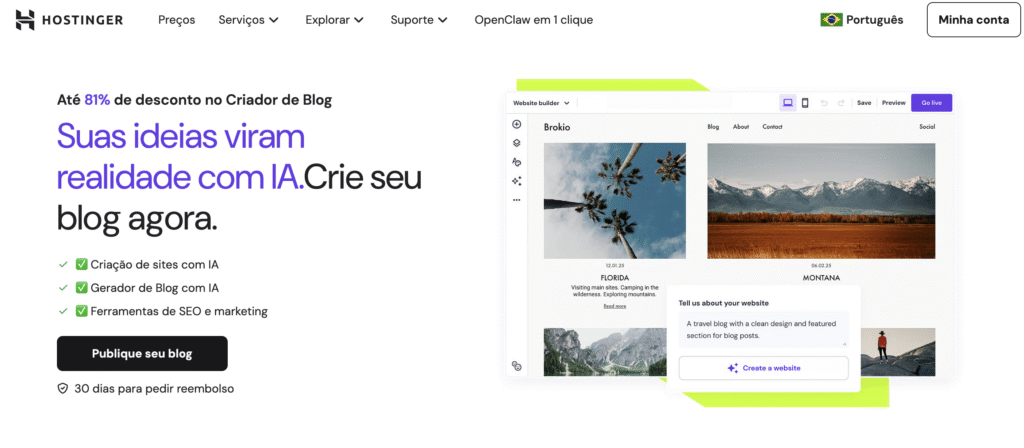 site da hostinger promovendo hospedagem para blogs