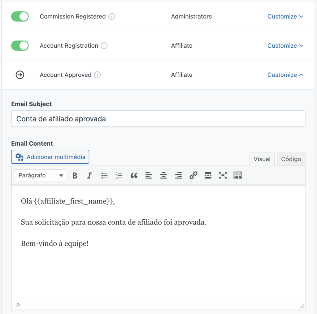 A seção de personalização da mensagem de notificação por e-mail nas Configurações do SliceWP