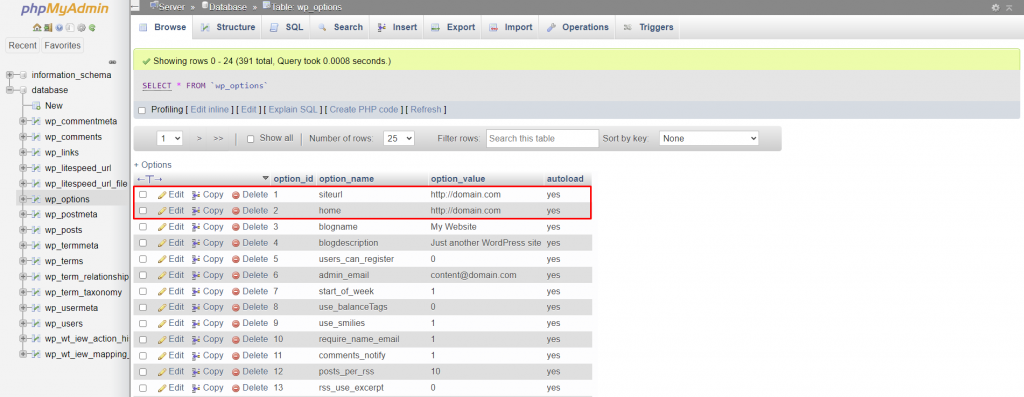 As opções siteurl e home em um banco de dados do WordPress via phpMyAdmin.