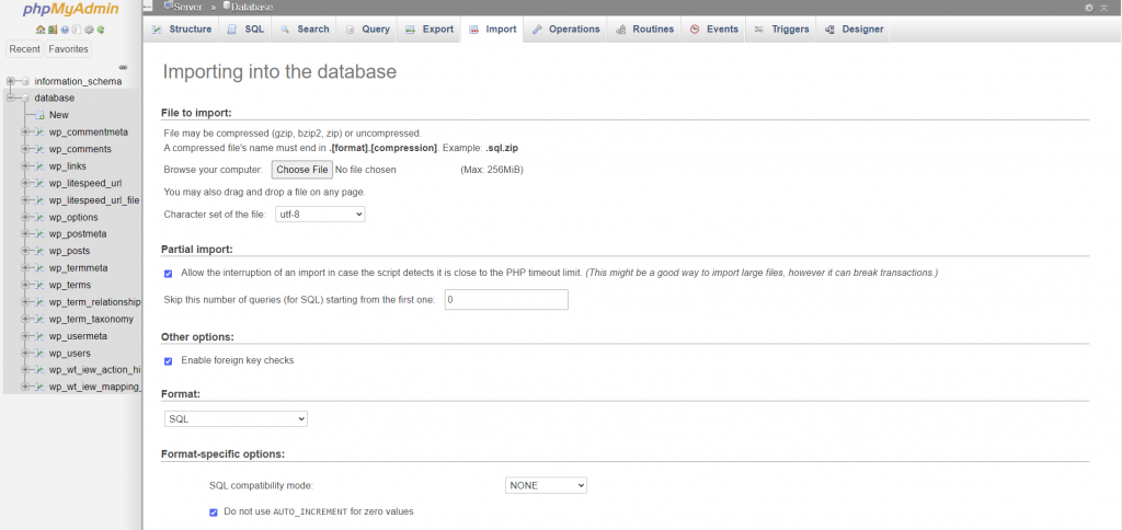 A guia de importação de banco de dados na interface do phpMyAdmin.