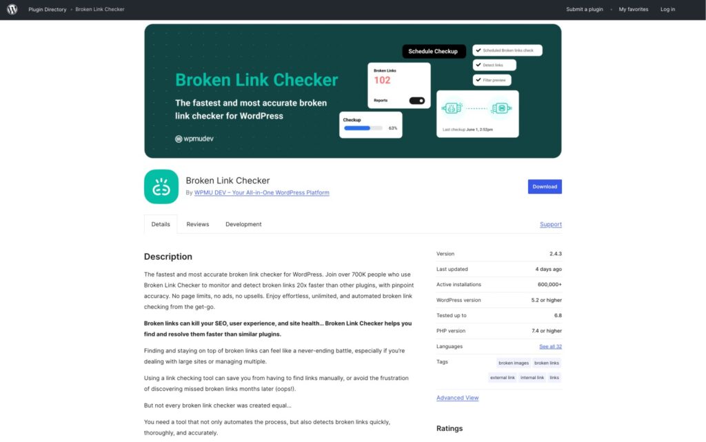Página do plugin Broken Link Checker no WordPress, destacando recursos, avaliações dos usuários e estatísticas de instalação