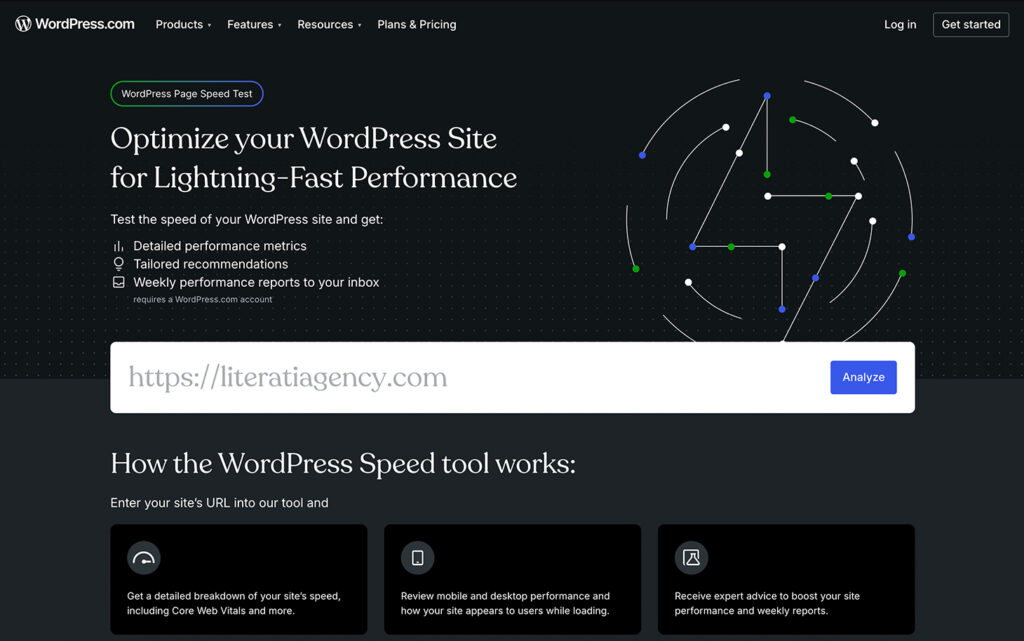 Página de ferramenta de teste de velocidade do WordPress com uma caixa de entrada de URL e etapas explicando como a ferramenta funciona