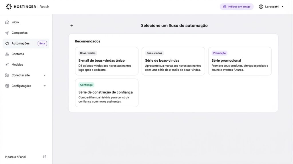 O painel do Hostinger Reach mostrando o menu Automações