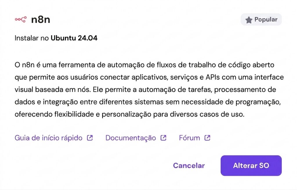 requisitos de vps para o n8n: Selecionando o template do n8n no Ubuntu 24.04 no hPanel.