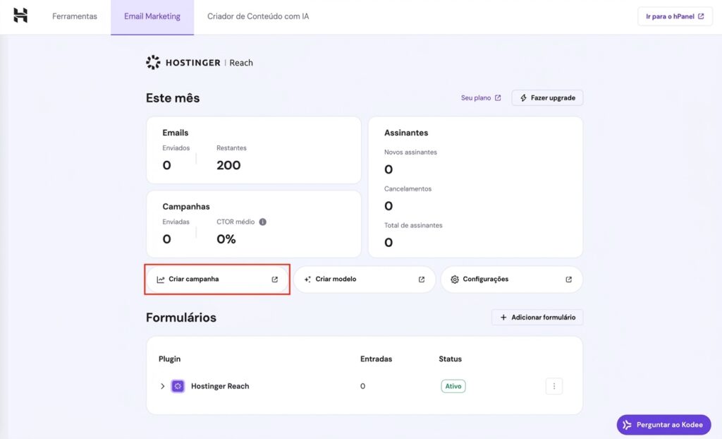 O botão Criar campanha no painel do Hostinger Reach no WordPress