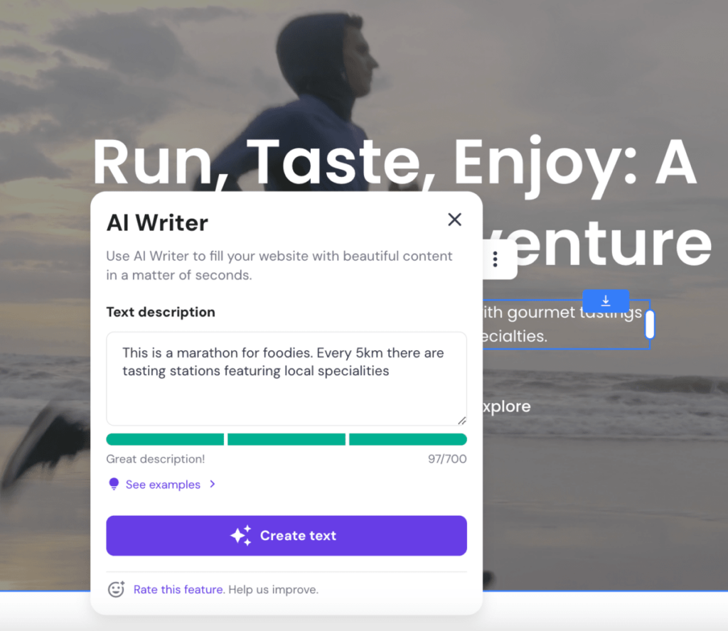 Painel do AI Writer do Hostinger Website Builder