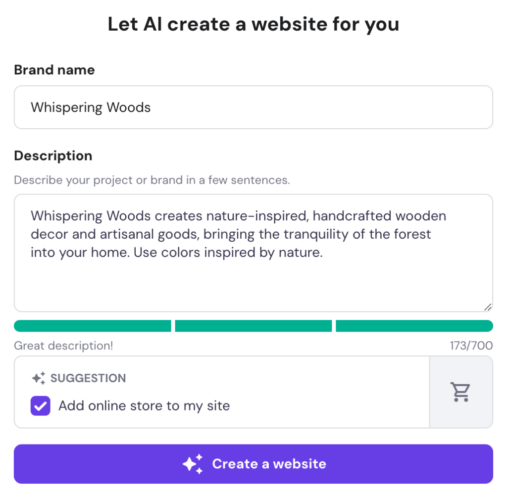 Painel do AI Writer do Hostinger Website Builder